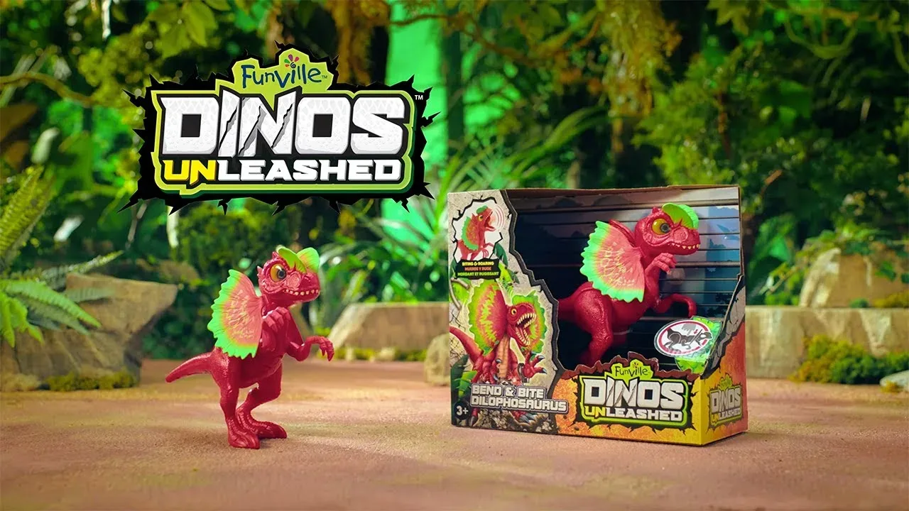 Bend and Bite Dilophosaurus beside its box in a jungle scene